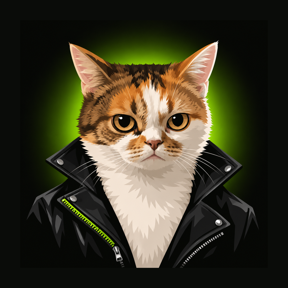 A calico cat in a black leather jacket
